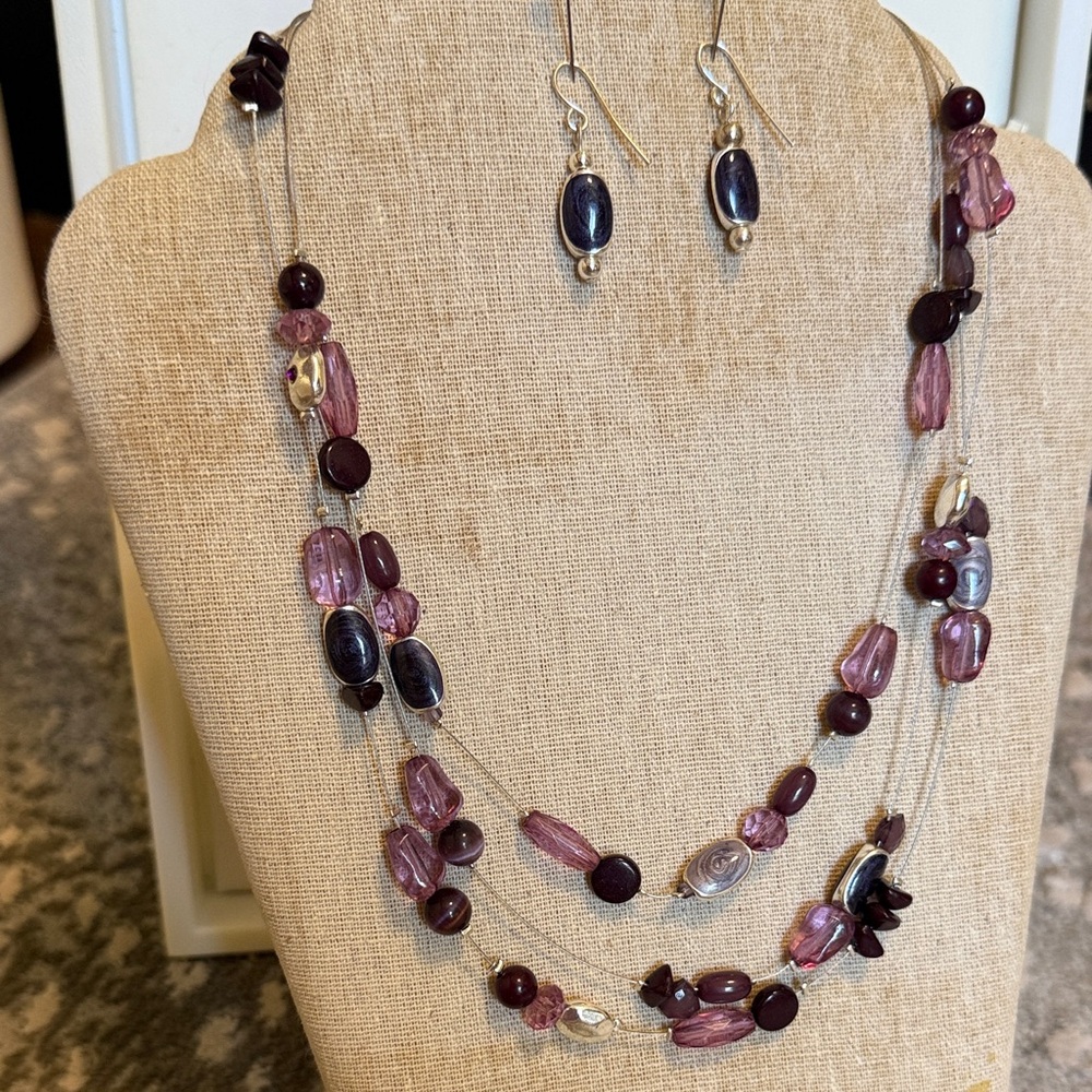 Elegant Purple Multi-Strand Glass Bead Necklace with Matching Earrings